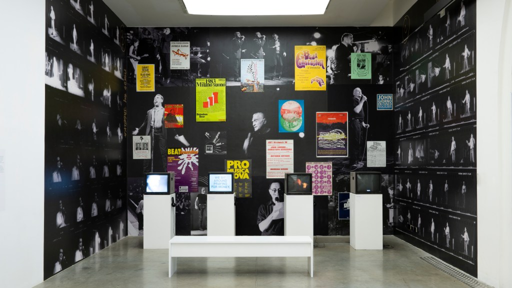 Installation view of the exhibition John Giorno: The Performative Word in the Sala delle Ciminiere at MAMbo – Museo d'Arte Moderna di Bologna.
