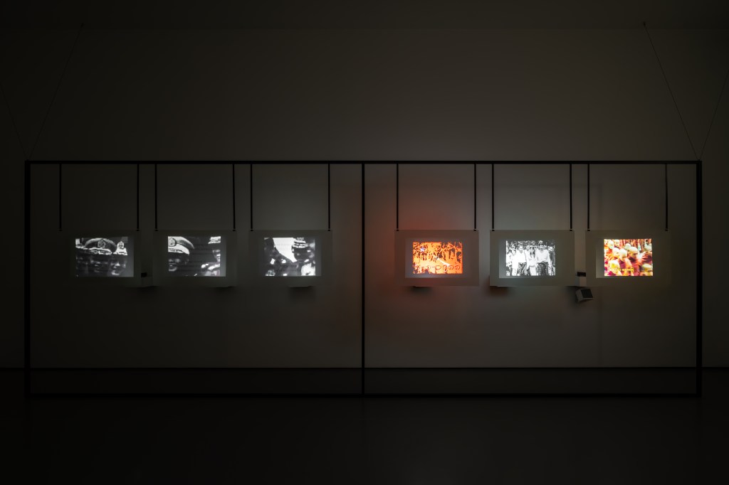 Installation view of Amar Kanwar’s The Torn First Pages (2004–2008), from the artist’s collection, presented in Amar Kanwar: Co-travellers (2026); photograph by Marco Cappelletti Studio; courtesy of Palazzo Grassi, Pinault Collection