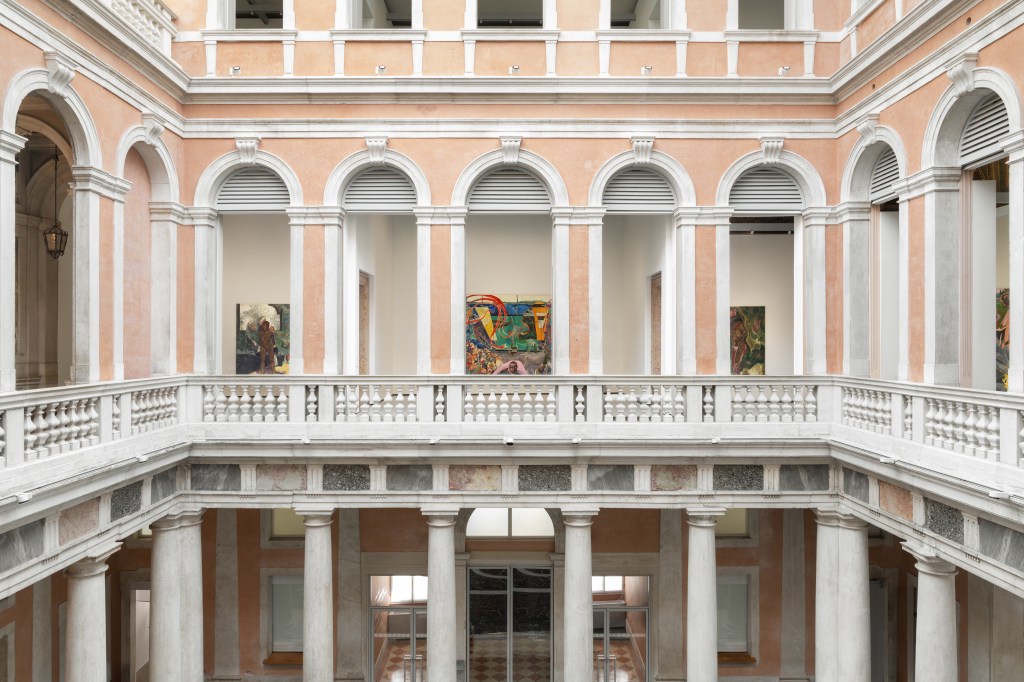 Installation view showing, from left to right, Michael Armitage’s Conjestina (2017), Curfew (Likoni March 27 2020) (2022), and Necklacing (2016), from major museum collections; photograph by Marco Cappelletti Studio