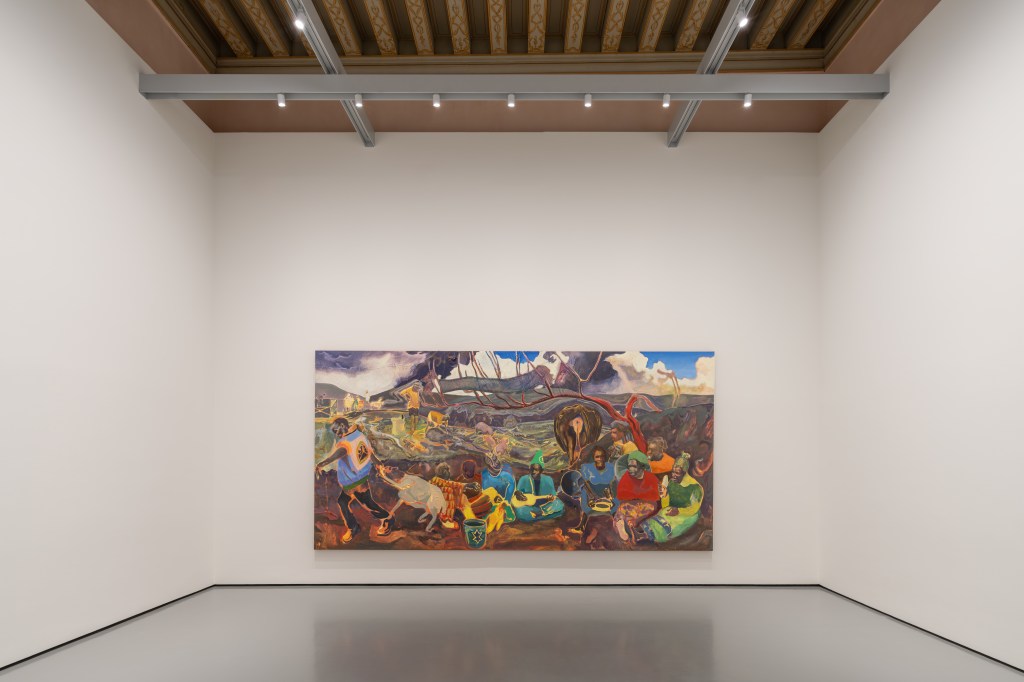 Installation view featuring Michael Armitage’s Dandora (Xala, Musicians) (2022), from the Pinault Collection; photograph by Marco Cappelletti Studio