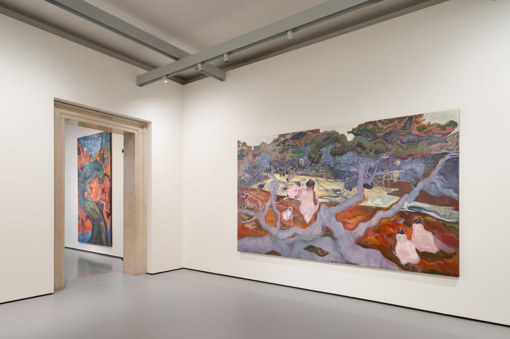 Installation view showing, from left to right, Michael Armitage’s Strange Fruit (2016) and Baikoko at the mouth of the Mwachema River (2016), both from private collections; photograph by Marco Cappelletti Studio