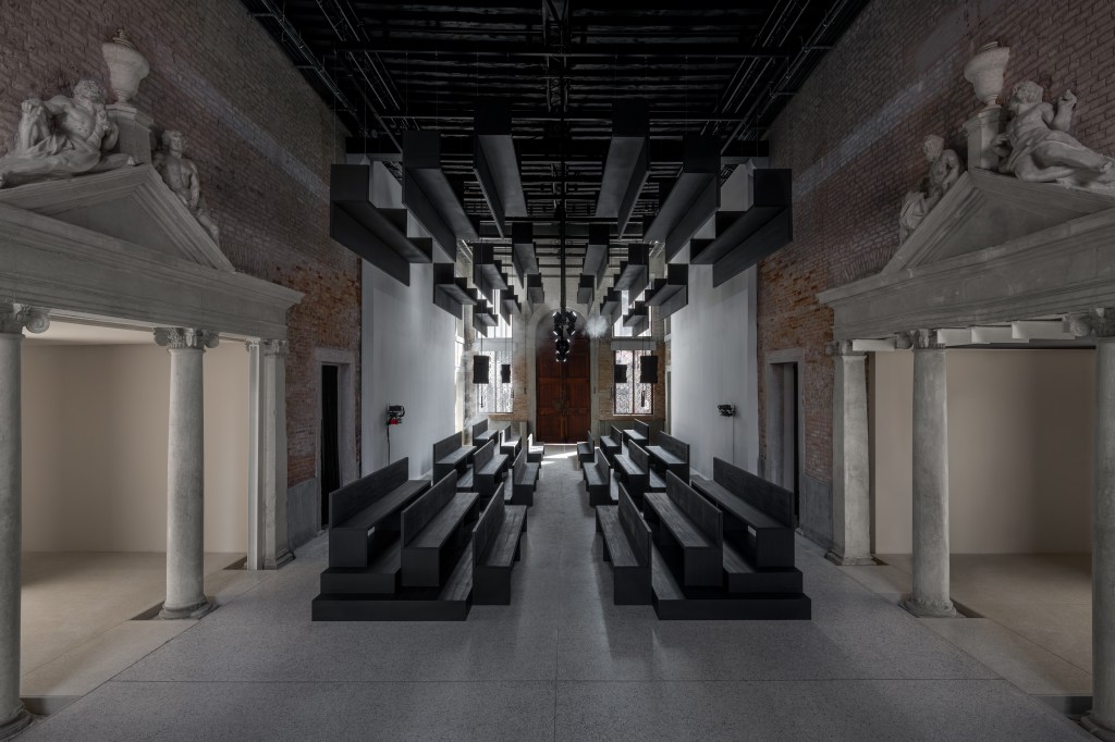 Installation view of Strange Rules at Palazzo Diedo Berggruen Arts & Culture, featuring Mat Dryhurst and Holly Herndon in collaboration with SUB, Attention Guild (2026); photograph by Joan Porcel.
