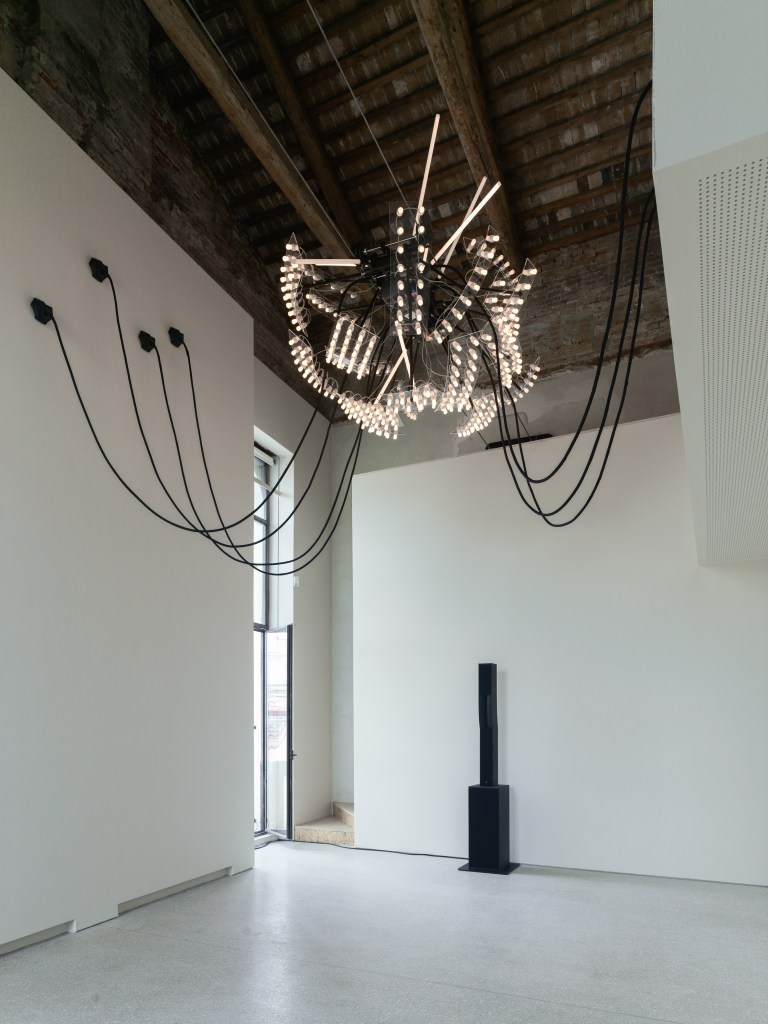 Installation view of Strange Rules at Palazzo Diedo Berggruen Arts & Culture, featuring Philippe Parreno’s The Diambulist Humself (2026); photograph by Joan Porcel.