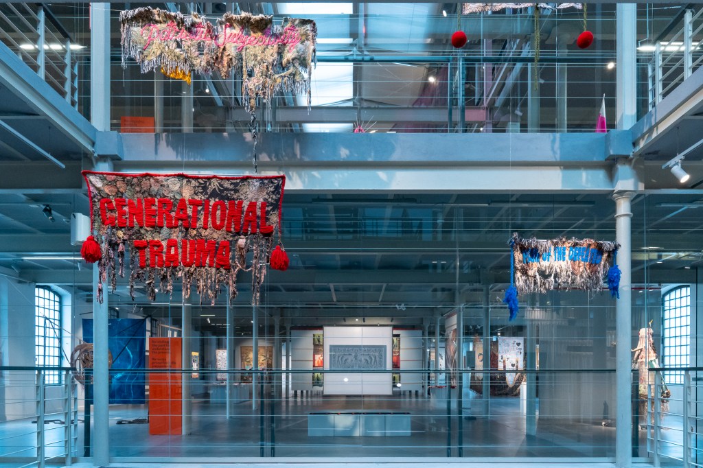 Generational Trauma (2022), Pain of the Defeated (2024), and Patriotic Subjectivity (2024) in Deconstruction/Reconstruction, 18th International Triennial of Textile. Photo: HaWa / Courtesy of the Central Museum of Textiles in Łódź.