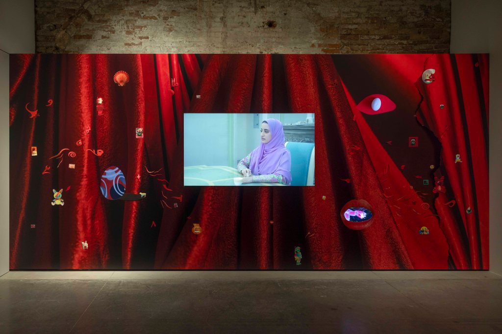 Farah Al Qasimi, The Curse, 2026. Video installation with sound, vinyl, and inkjet prints, 18 min. Courtesy of National Pavilion UAE – La Biennale di Venezia. Photo by Ismail Noor.