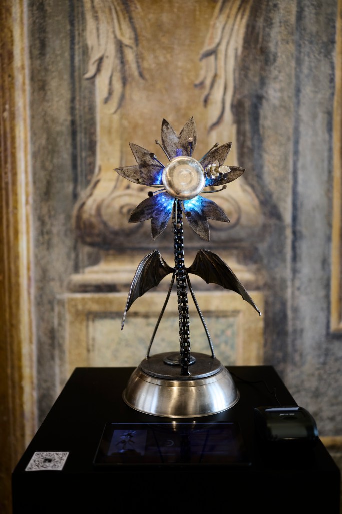 Installation view of Strange Rules at Palazzo Diedo Berggruen Arts & Culture, featuring Primavera de Filippi’s Plantoid (2014); photograph by David Levene.