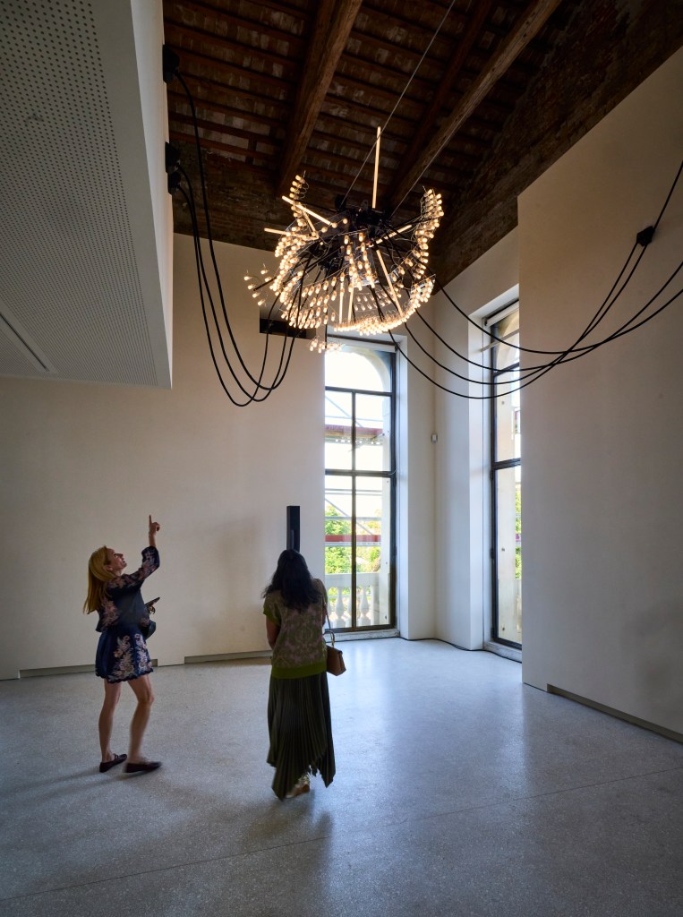 Installation view of Strange Rules at Palazzo Diedo Berggruen Arts & Culture, featuring Philippe Parreno’s The Diambulist Humself (2026); photograph by David Levene.