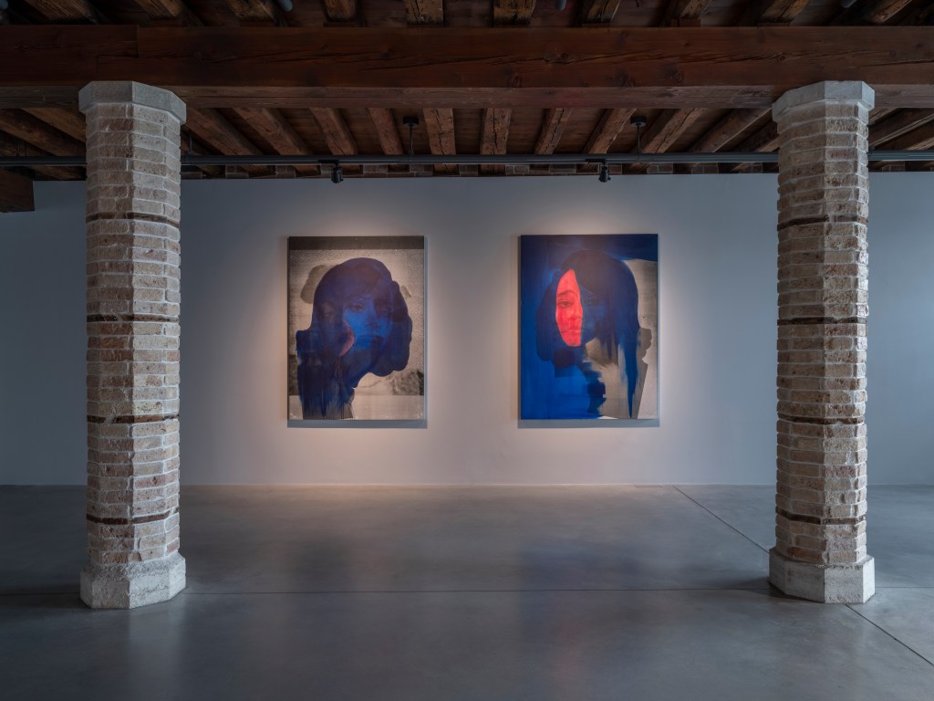Installation view of Lorna Simpson: Third Person (2026) at Punta della Dogana, Venice, showing, from left to right, For or by the eyes (2023) and Third Person (2023); photograph by James Wang; courtesy of Palazzo Grassi, Pinault Collection.