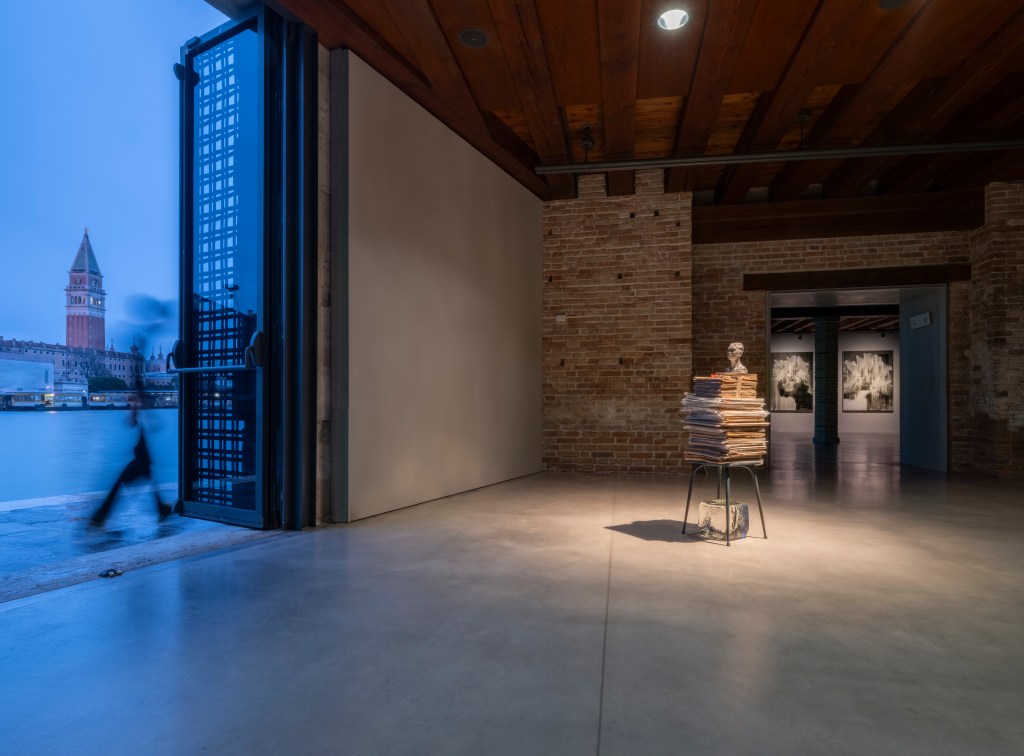 Installation view of Lorna Simpson: Third Person (2026) at Punta della Dogana, Venice, showing, from left to right, 5 Properties (2018), Head on Ice #4 (2016), and Head on Ice #3 (2016); photograph by James Wang; courtesy of Palazzo Grassi, Pinault Collection.