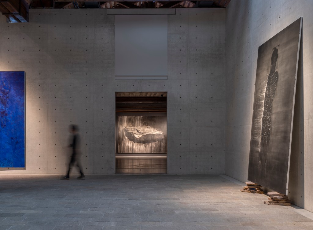 Installation view of Lorna Simpson: Third Person (2026) at Punta della Dogana, Venice, showing, from left to right, Specific Notation (2019), did time elapse (2024), and All Night (2021); photograph by James Wang; courtesy of Palazzo Grassi, Pinault Collection.