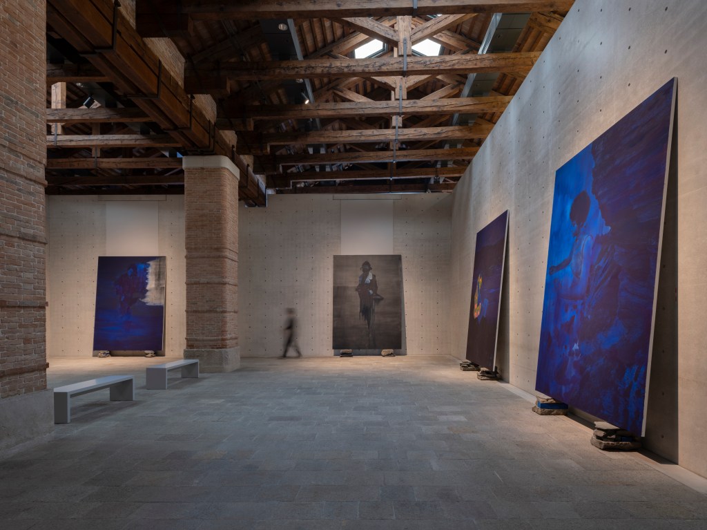 Installation view of Lorna Simpson: Third Person (2026) at Punta della Dogana, Venice, showing, from left to right, Painting (2025), Zenith (2021), L.A. (2025), and Cliffs (2025); photograph by James Wang; courtesy of Palazzo Grassi, Pinault Collection