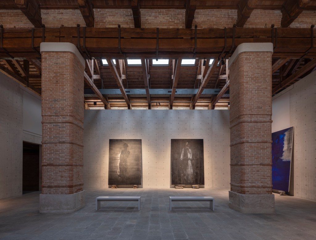 Installation view of Lorna Simpson: Third Person (2026) at Punta della Dogana, Venice, showing, from left to right, All Night (2021), Observer (2021), and Painting (2025); photograph by James Wang; courtesy of Palazzo Grassi, Pinault Collection