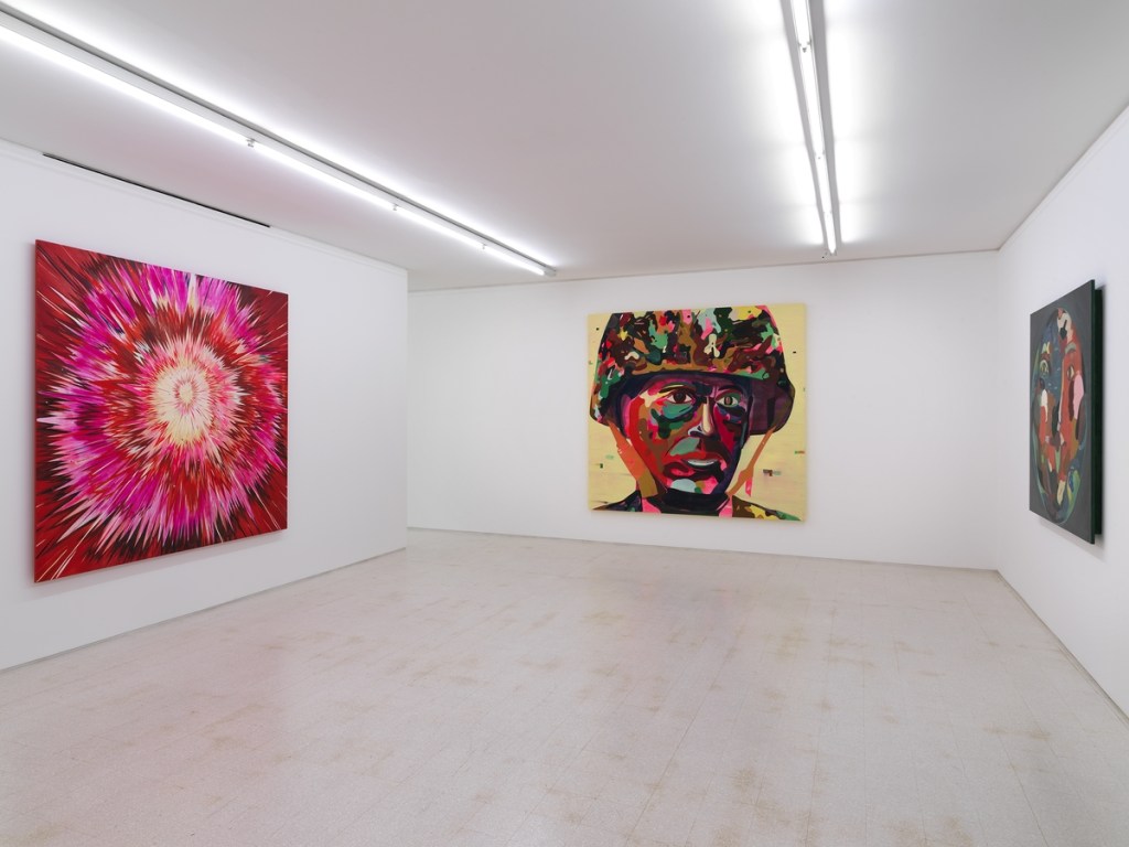 Exhibition gallery featuring artworks by Jules de Balincourt.