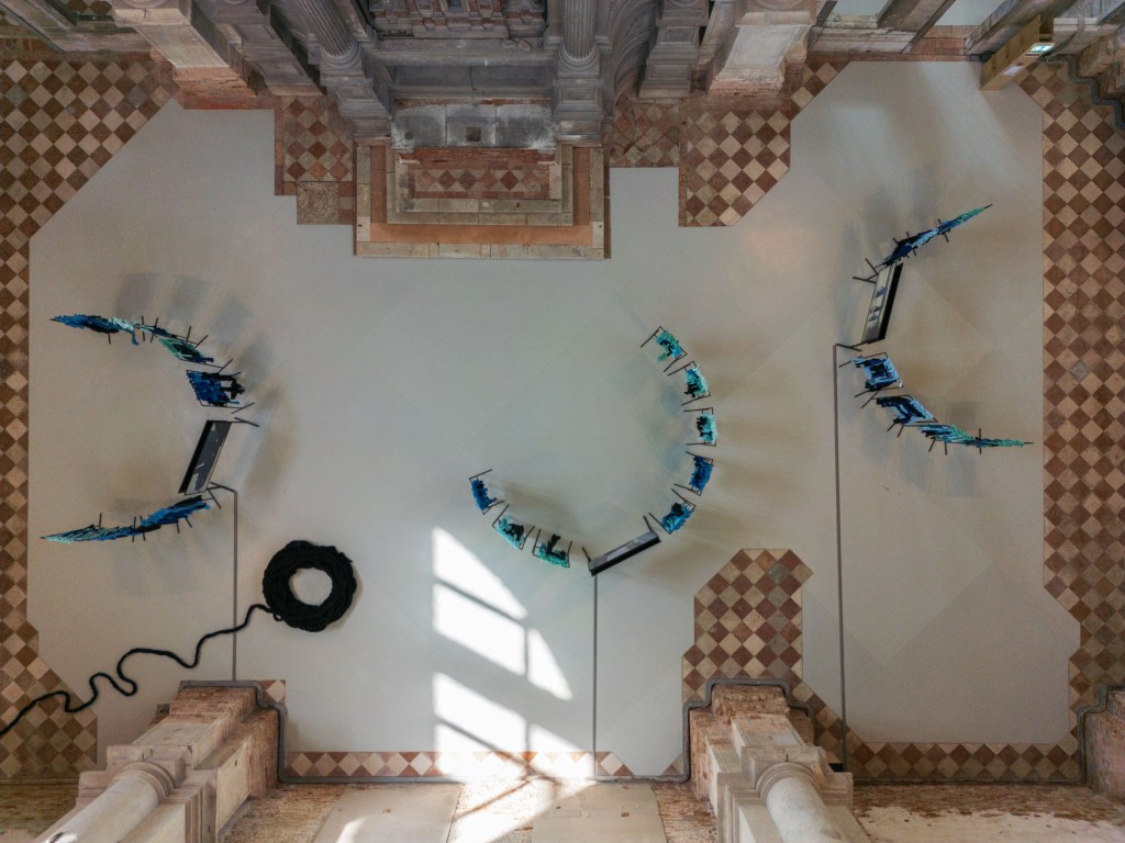 Exhibition view of Tide of Returns at Ocean Space, Venice, featuring Weaving Connections (2026) by Verena Melgarejo Weinandt; commissioned and produced by TBA21–Academy; photograph by Jacopo Salvi
