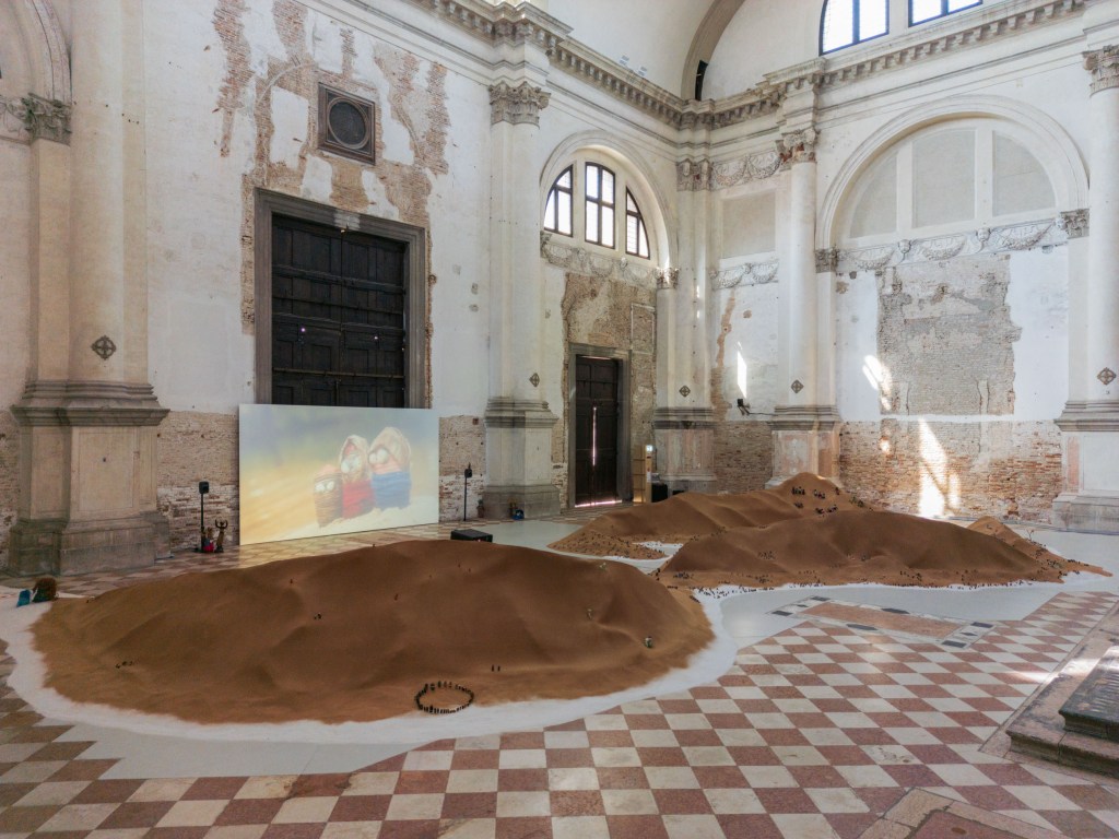 Exhibition view of Tide of Returns at Ocean Space, Venice, featuring From My Mother’s Country (2026) by Repatriates Collective; commissioned and produced by TBA21–Academy; photograph by Jacopo Salvi