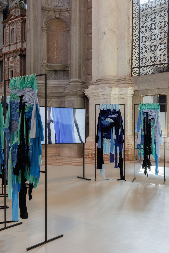 Exhibition view of Tide of Returns at Ocean Space, Venice, featuring Weaving Connections (2026) by Verena Melgarejo Weinandt; commissioned and produced by TBA21–Academy; photograph by Jacopo Salvi