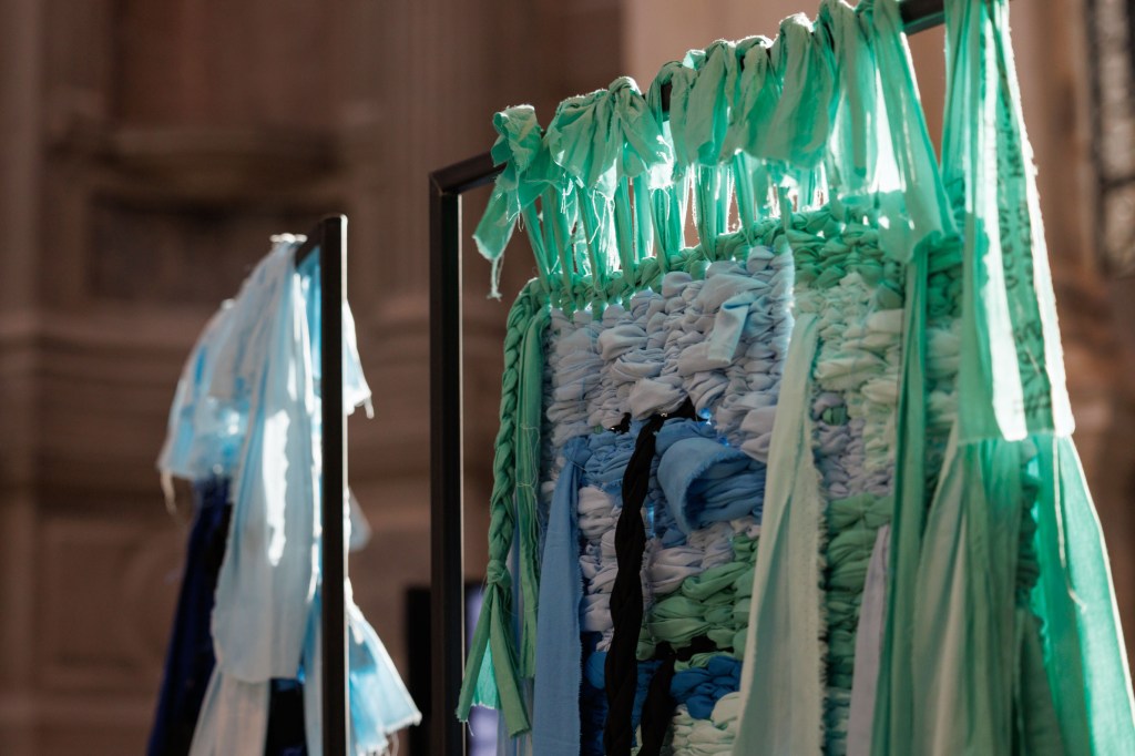 Exhibition view of Tide of Returns at Ocean Space, Venice, featuring Weaving Connections (2026) by Verena Melgarejo Weinandt; commissioned and produced by TBA21–Academy; photograph by Jacopo Salvi