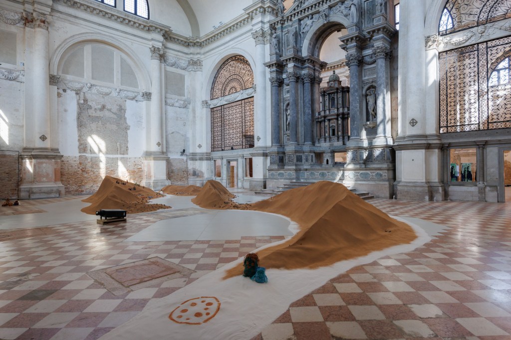 Exhibition view of Tide of Returns at Ocean Space, Venice, featuring From My Mother’s Country (2026) by Repatriates Collective; commissioned and produced by TBA21–Academy; photograph by Jacopo Salvi