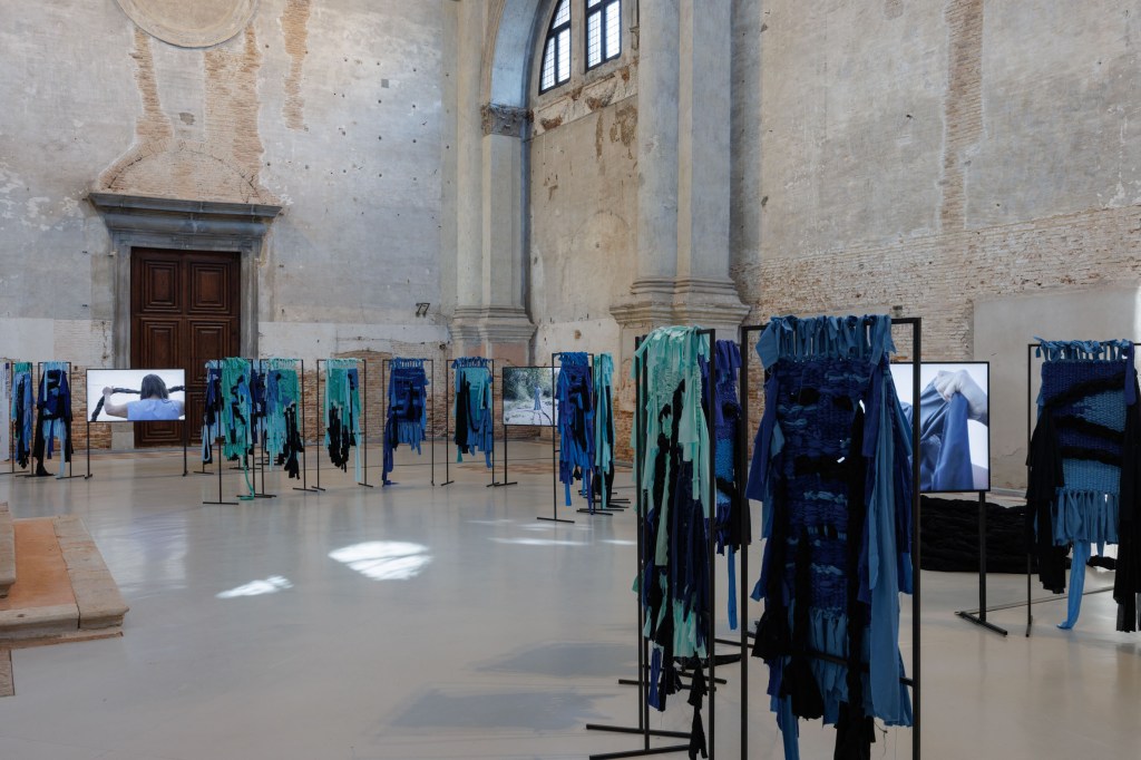 Exhibition view of Tide of Returns at Ocean Space, Venice, featuring Weaving Connections (2026) by Verena Melgarejo Weinandt; commissioned and produced by TBA21–Academy; photograph by Jacopo Salvi