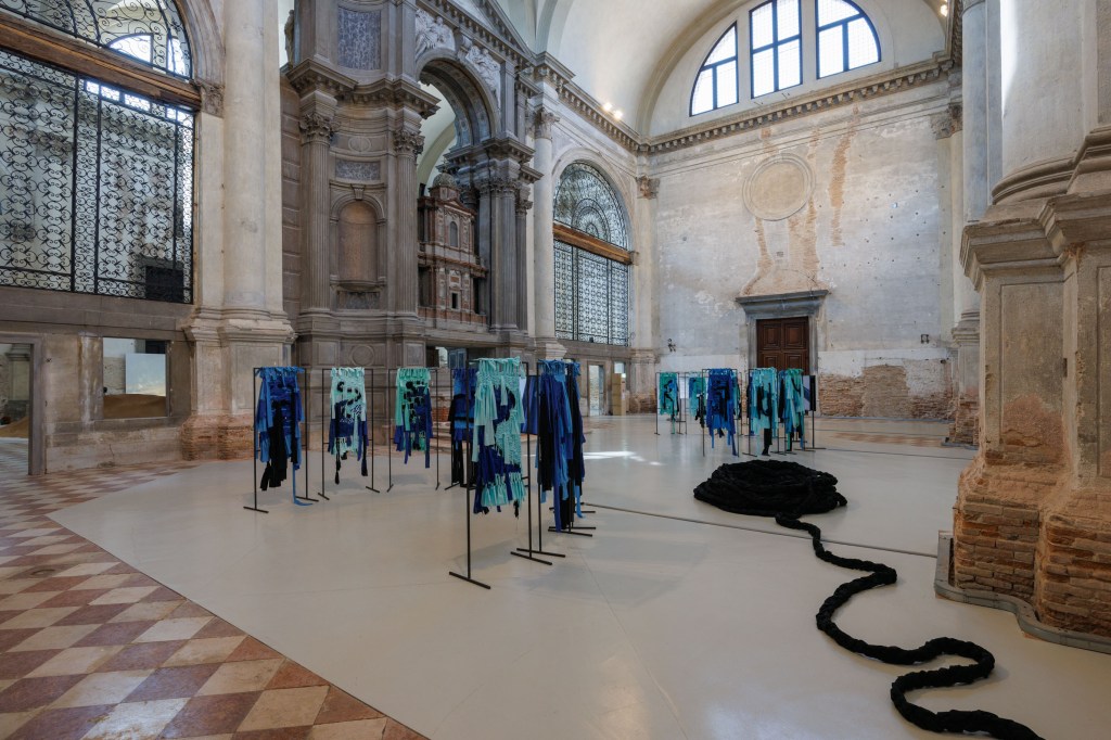 Exhibition view of Tide of Returns at Ocean Space, Venice, featuring Weaving Connections (2026) by Verena Melgarejo Weinandt; commissioned and produced by TBA21–Academy; photograph by Jacopo Salvi