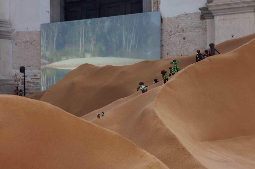 Exhibition view of Tide of Returns at Ocean Space, Venice, featuring From My Mother’s Country (2026) by Repatriates Collective; commissioned and produced by TBA21–Academy; photograph by Jacopo Salvi