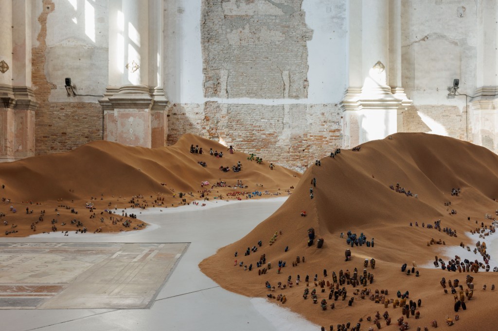 Exhibition view of Tide of Returns at Ocean Space, Venice, featuring From My Mother’s Country (2026) by Repatriates Collective; commissioned and produced by TBA21–Academy; photograph by Jacopo Salvi