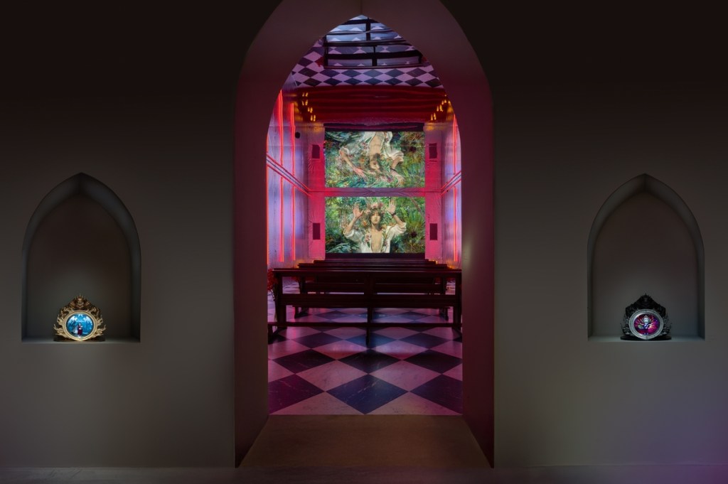 DOKU THE ILLUSION – Exhibition view (2026) Installation view of Lu Yang's exhibition at Espace Louis Vuitton Venezia, featuring the immersive video installation "DOKU THE ILLUSION."