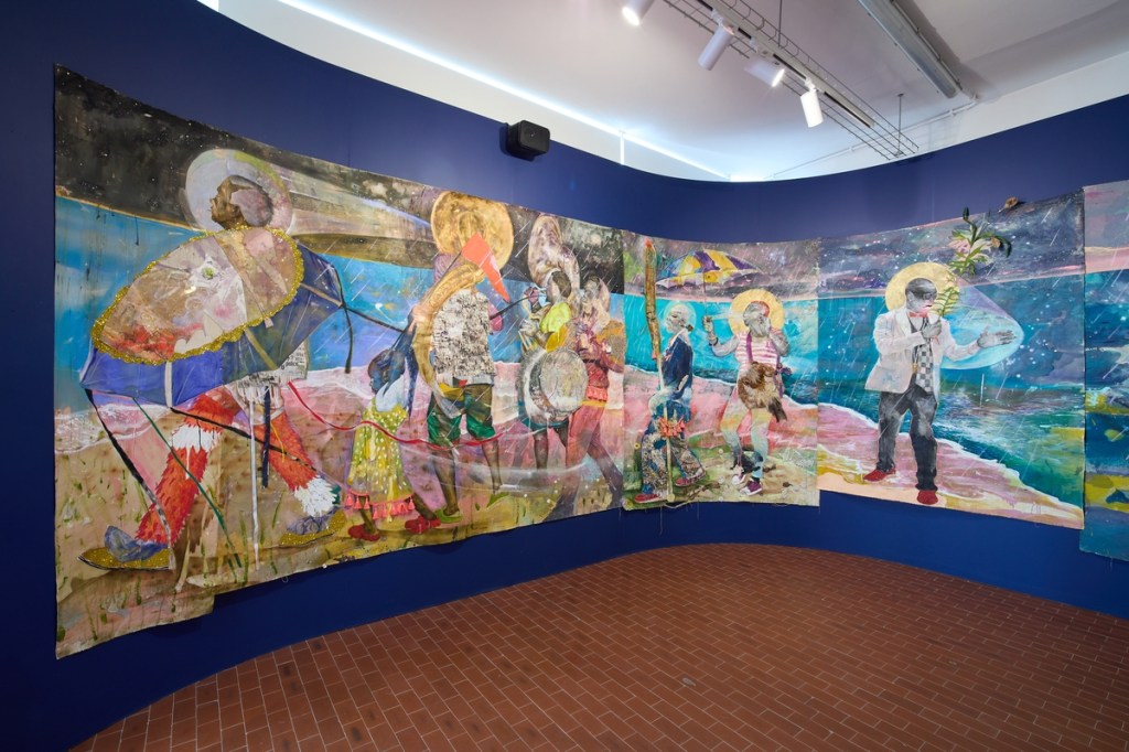 Lavar Munroe, No Matter How Dreary and Gray, We People of Flesh and Blood Would Rather Live Here, Than in Another Man's Yard (Bridge Over Troubled Water) (2026), large-scale mixed-media work made with acrylic, spray paint, latex house paint, airbrush, and found materials