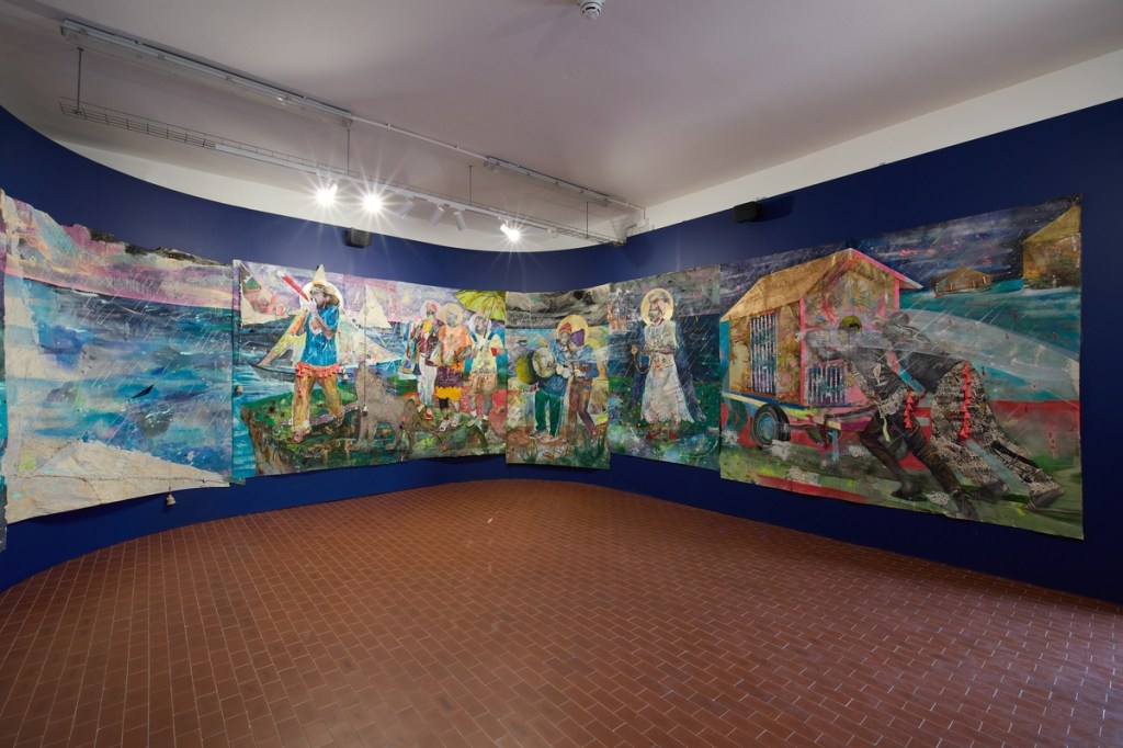Lavar Munroe, No Matter How Dreary and Gray, We People of Flesh and Blood Would Rather Live Here, Than in Another Man's Yard (Bridge Over Troubled Water) (2026), large-scale mixed-media work made with acrylic, spray paint, latex house paint, airbrush, and found materials