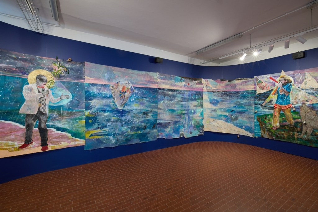 Lavar Munroe, No Matter How Dreary and Gray, We People of Flesh and Blood Would Rather Live Here, Than in Another Man's Yard (Bridge Over Troubled Water) (2026), large-scale mixed-media work made with acrylic, spray paint, latex house paint, airbrush, and found materials