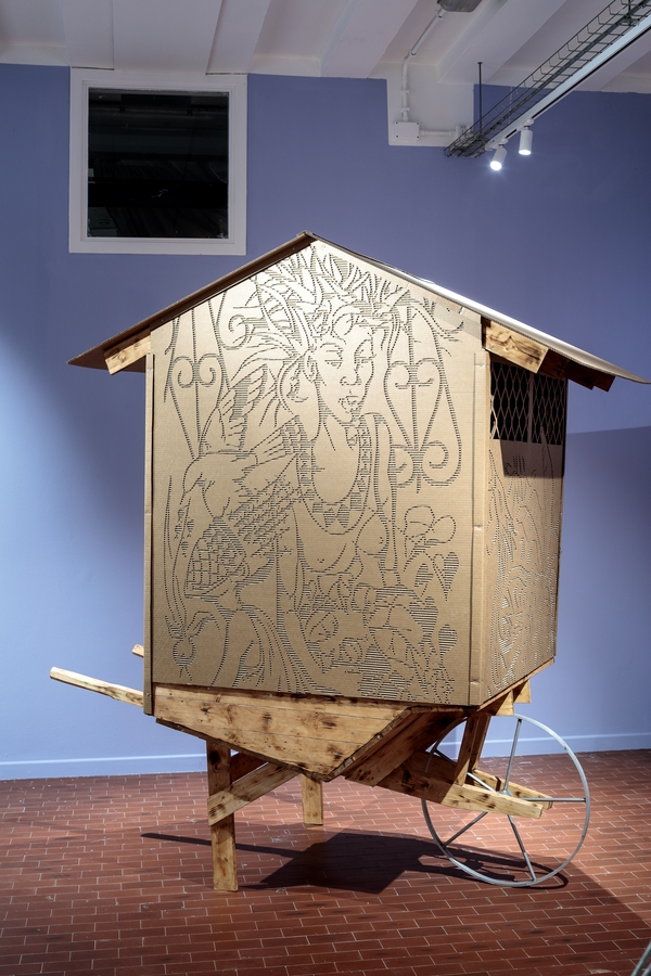 John Beadle, Mobile Housing Scheme (2012), sculptural installation made of wood, cardboard, and metal
