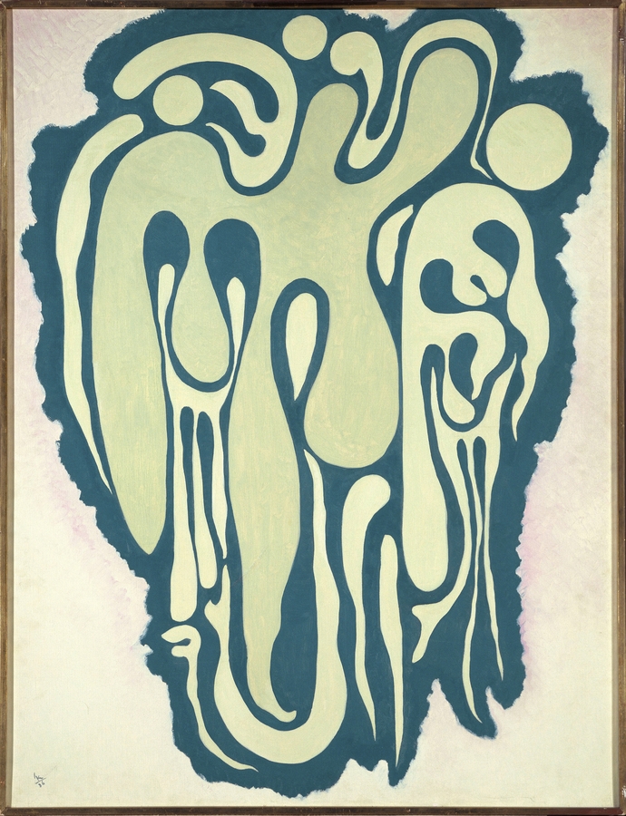 Abstract composition featuring biomorphic and geometric forms in green, black, red, and yellow against a light background. Fine lines and circular motifs create a dynamic sense of movement and balance