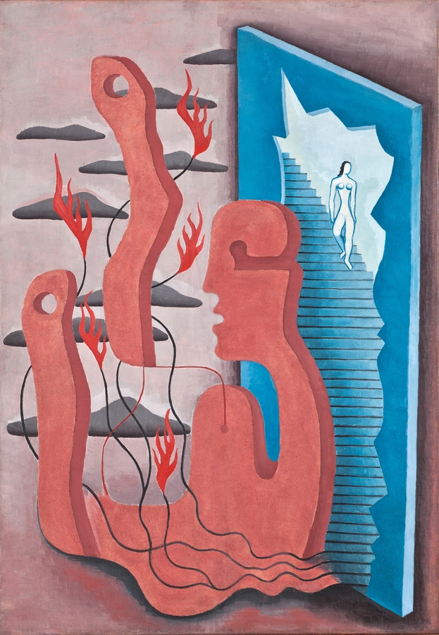 Surrealist painting depicting dreamlike figures and organic forms arranged in an ambiguous, atmospheric space, blending recognizable elements with abstract shapes
