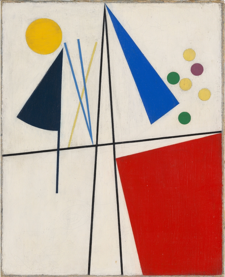 Small abstract painting composed of colorful geometric forms, including circles, rectangles, and lines, carefully balanced on a neutral background to create a harmonious composition