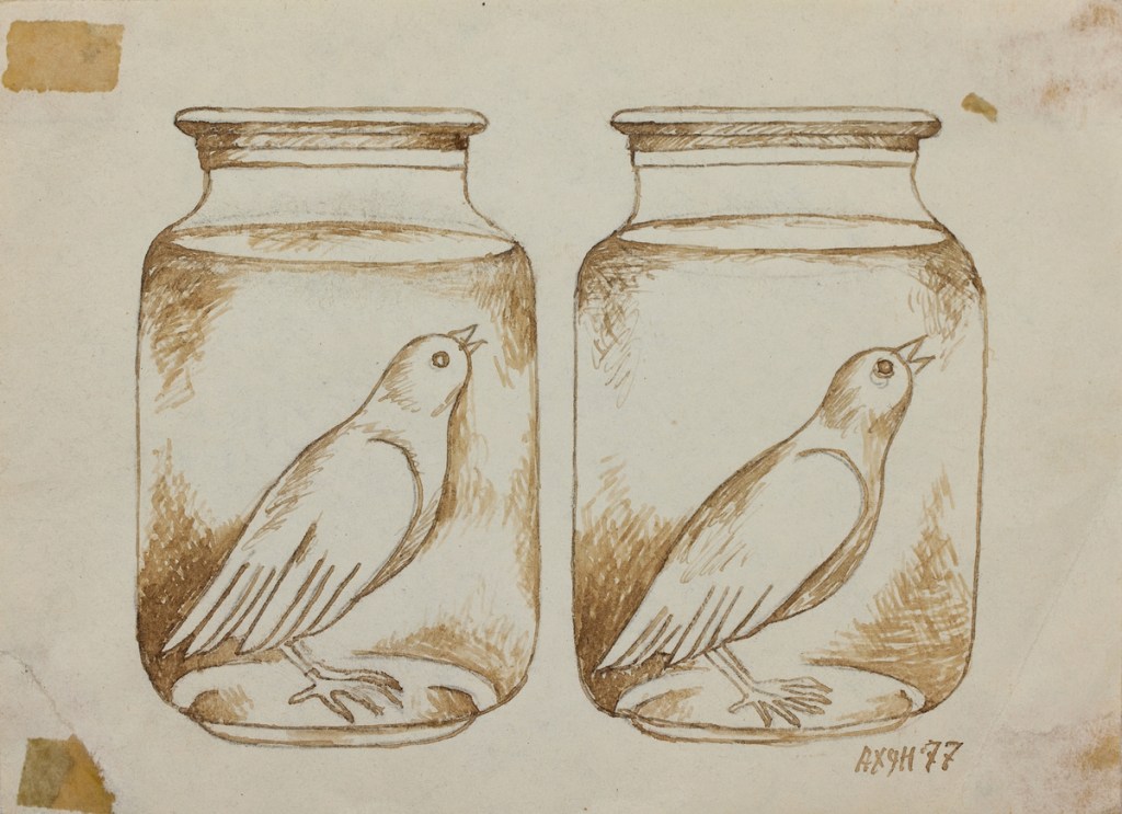 Project, Bird in a Jar (1977), by Vyacheslav Akhunov. A conceptual image of a bird enclosed within a glass jar, symbolizing confinement, restriction, and the tension between freedom and control