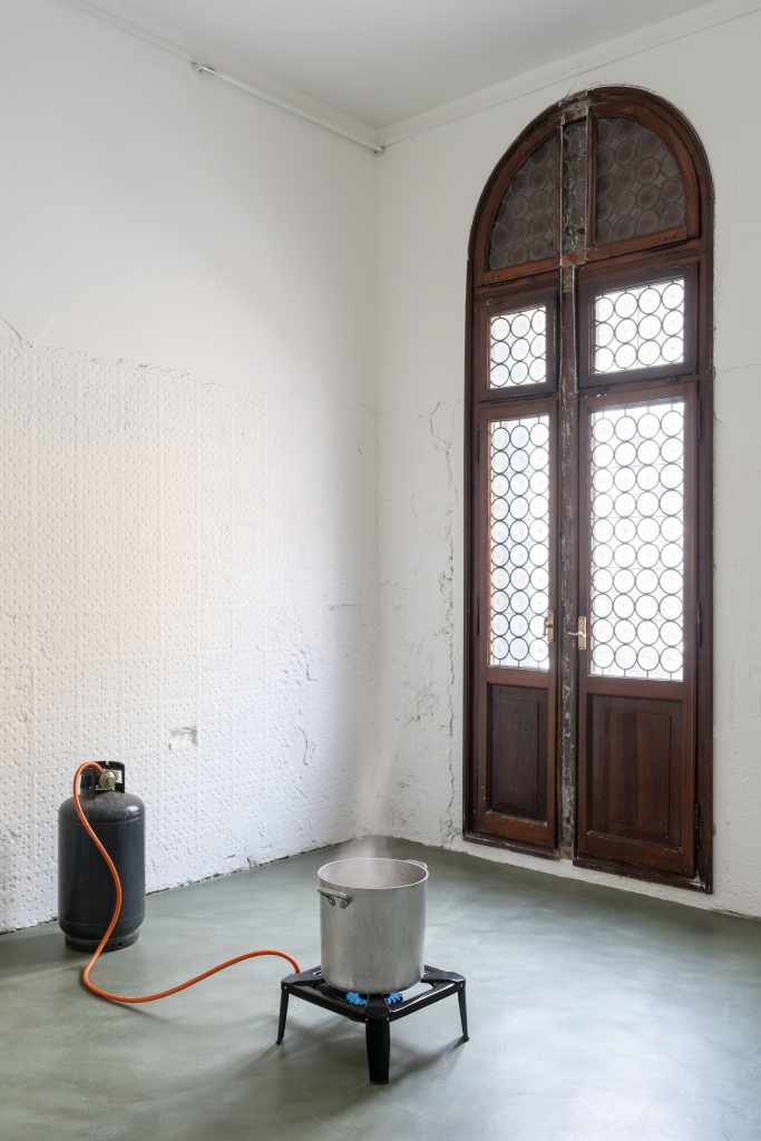 Rock Soup: Detail of the artwork showing its materials and textures in close view, emphasizing the physical qualities of the installation
