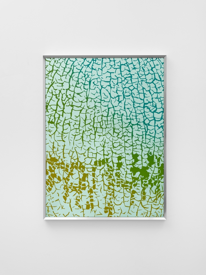 Slavs and Tatars, Untitled (Fапча), 2023, a reverse-mirror painting in an aluminum frame. A reflective surface and painted elements fill the rectangular work