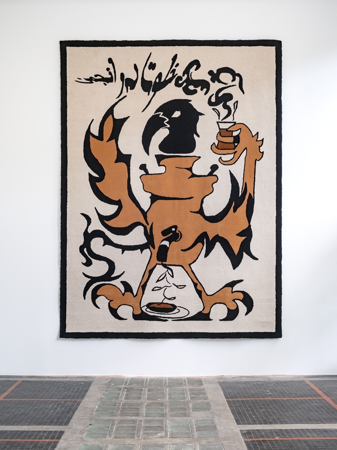 Slavs and Tatars, Duck’s blood, 2024, a large wall-mounted textile made from woollen yarn