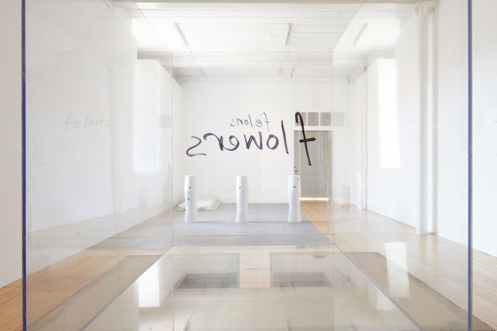 SECOND, Fri Art Kunsthalle, Fribourg, 2021. View through Angharad Williams’s work toward a work by Becket MWN. Photo: Guillaume Python. Courtesy of the artists and Fri Art Kunsthalle