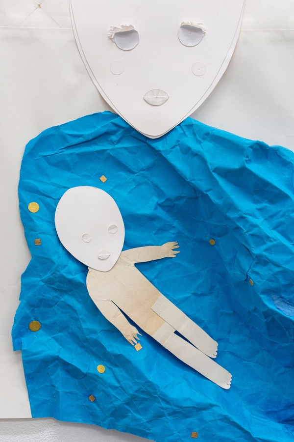 James Whittingham, A mother and her infant, 2024. Graphite, PVA glue, paint, staples and paper clips on paper, 46 × 54 cm. Shown in People Going Up & Down, The Wig, Berlin, 2024