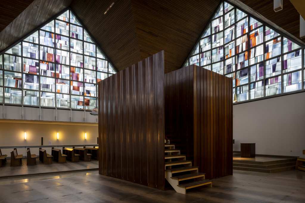Installation view of Pew Tower (2026) by Augustas Serapinas. Photo: Rainer Schlautmann / Manifesta 16 Ruhr