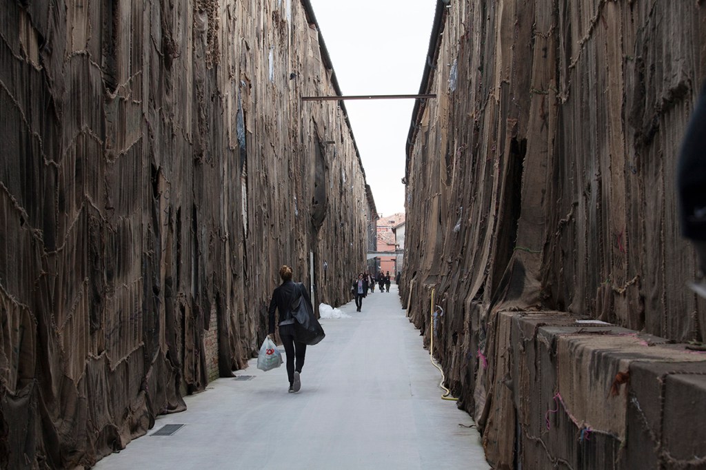 Ibrahim Mahama’s Out of Bounds (2014–2015), a site-specific installation of coal sacks, metal tags and jute ropes, at the 56th Venice Biennale in Venice, Italy