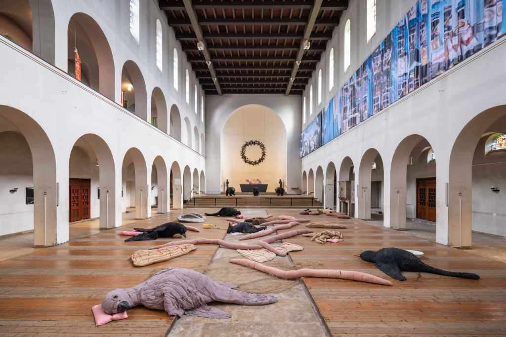 Installation view of When Animals Fall From the Sky (2026) by Eva Koťátková, created with children from Bochum and Prague. Photo: Ivan Erofeev / Manifesta 16 Ruhr